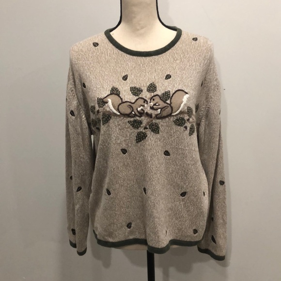 Christopher & Banks Sweaters - Christopher & Banks hand embroidered VTG squirrel  sweater SZ XL beige brown